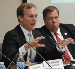 Salt Lake County Mayor Ben McAdams (left) speaks before the Criminal Justice Advisory Council in Salt Lake County on Wednesday, with Rep. Eric Hutchings, R-District 38, listening.