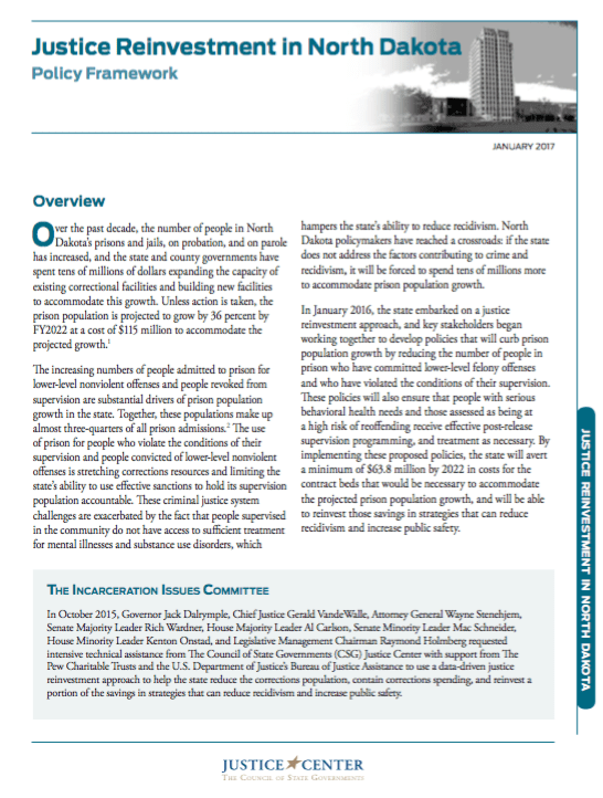 Justice Reinvestment in North Dakota: Policy Framework - CSG Justice Center