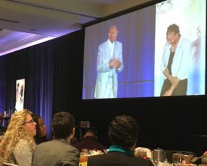 Former NBA player Bob Lanier and WNBA player Tamika Catchings speak at a National Mentoring Summit plenary session.