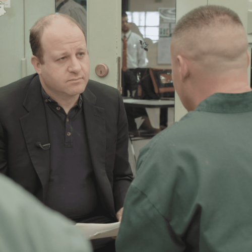 Colorado Governor Jared Polis participates in mock interviews with men incarcerated at Arkansas Valley Correctional Facility in Ordway, Colorado.