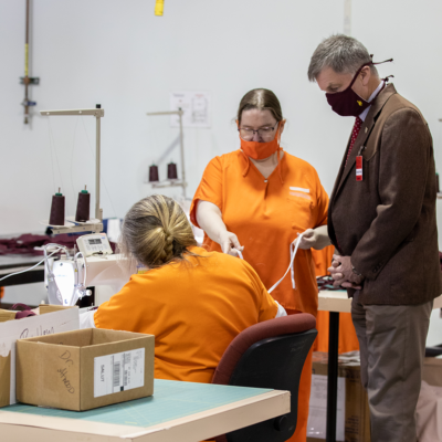 Image for: Wyoming Gov. Gordon Visits Prison Mask-Making Operation