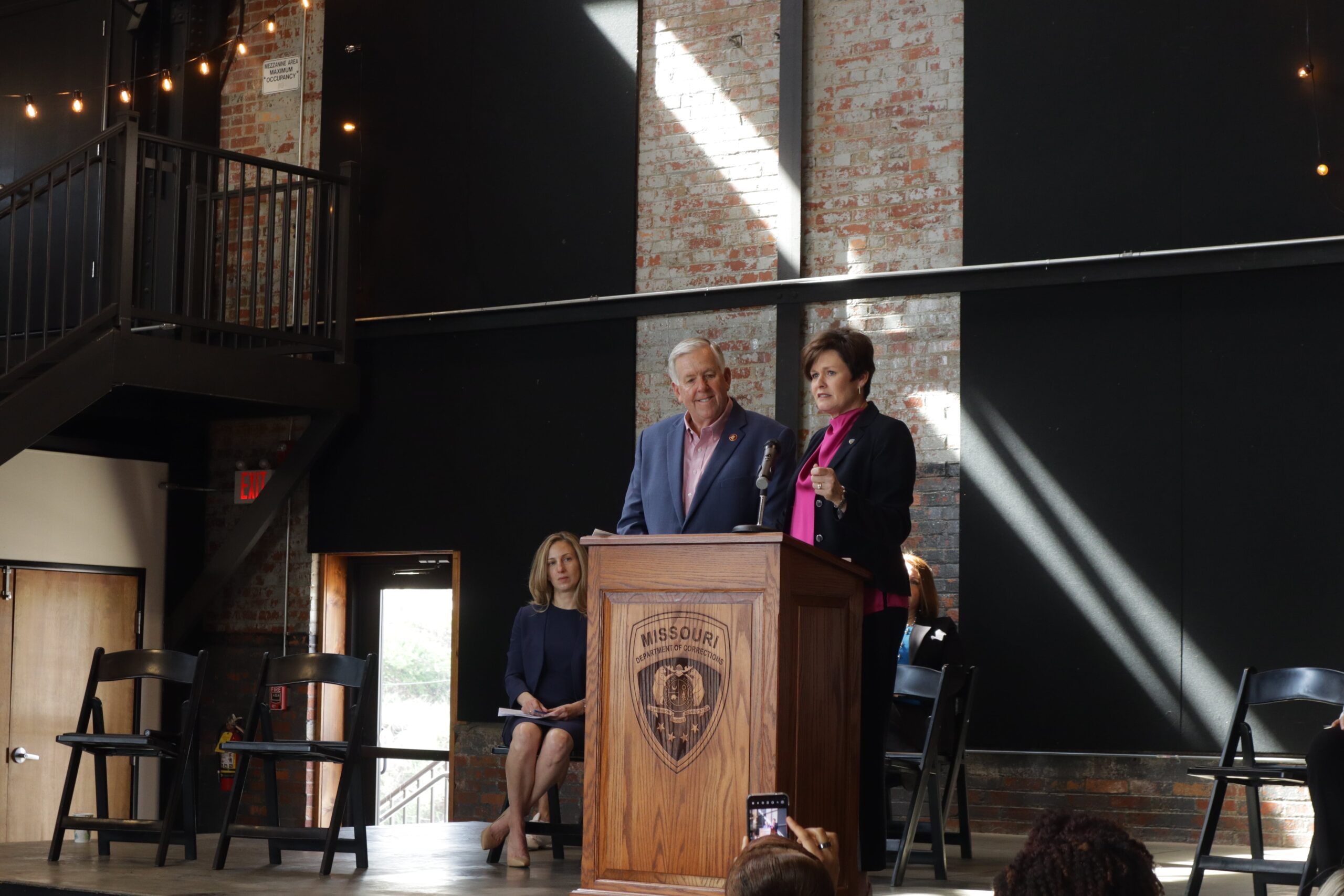 Missouri Governor Mike Parson and former Department of Corrections Director Anne Precythe speak at the Reentry 2030 launch event