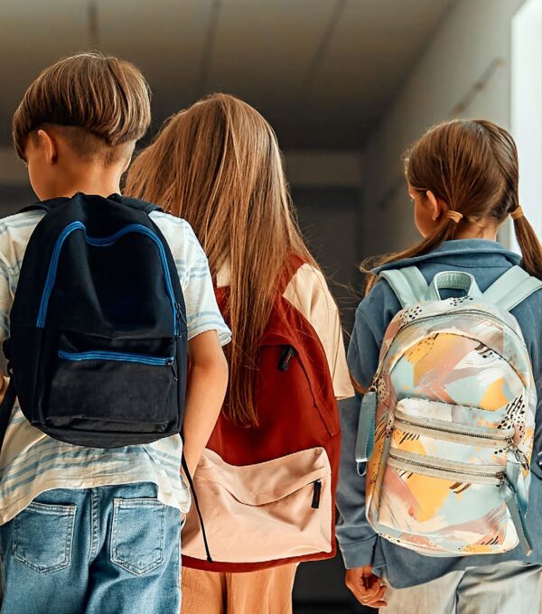 Backside of elementary-aged kids walking in school with backpacks.