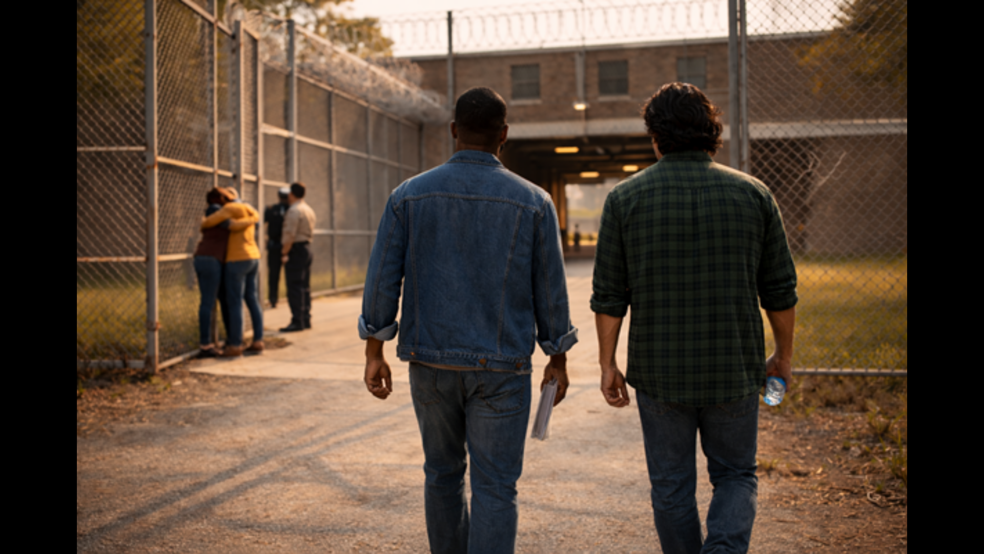 Two adult men walking out of prison