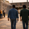 Two adult men walking out of prison