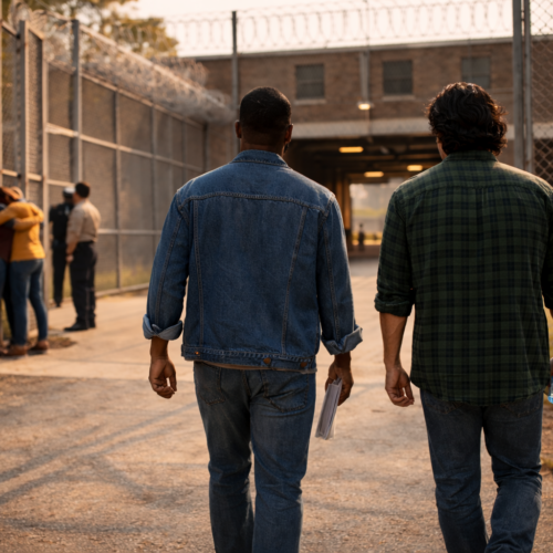 Two adult men walking out of prison